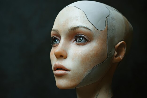 Photo realistic articulated mannequin head displayed against dark background in artistic setting