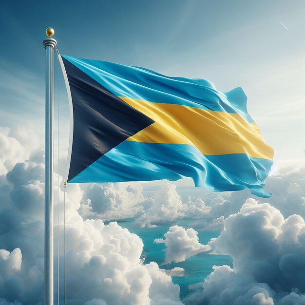 Realistic Bahamas Flag on flag pole waving in the wind against white clouds