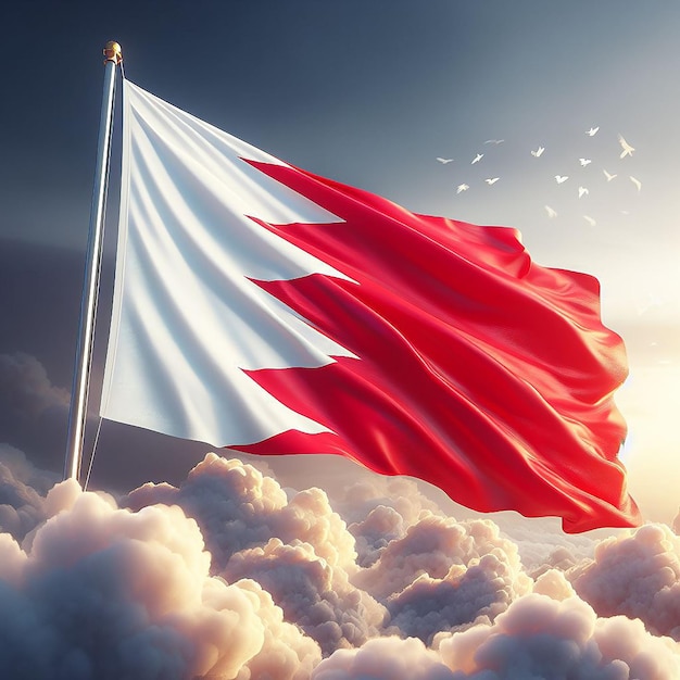 Realistic Bahrain Flag on flag pole waving in the wind against white clouds