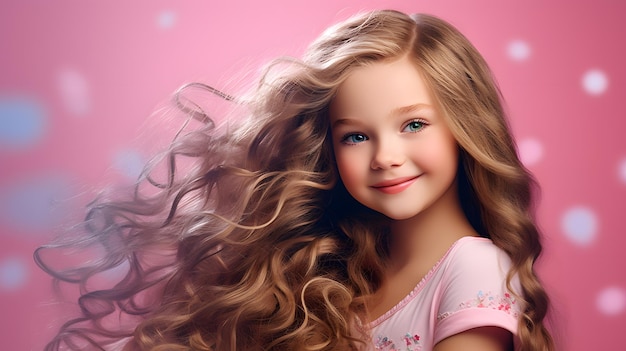 realistic Barbie girl with blue eyes and long hair looking cute smile pink background