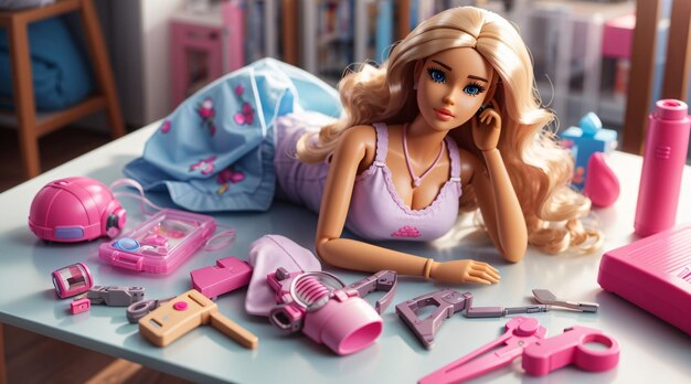 Realistic barbie toys on table