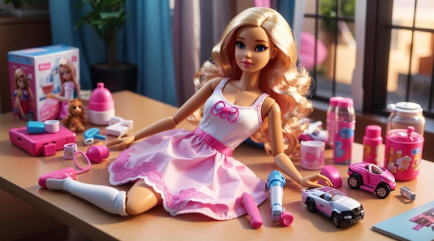 Realistic barbie toys on table