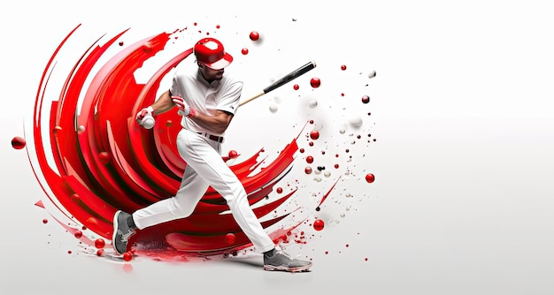 Realistic baseball player with background from balls on white wall in the style of fluid