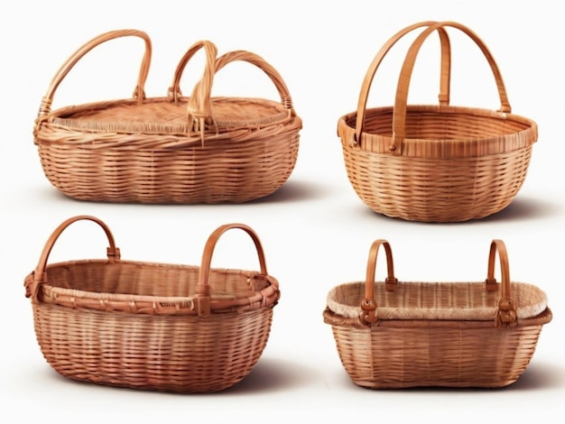 Realistic baskets in isolation on a white background Side and top view Wicker picnic baskets East