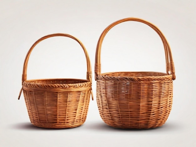 Realistic baskets in isolation on a white background Side and top view Wicker picnic baskets East