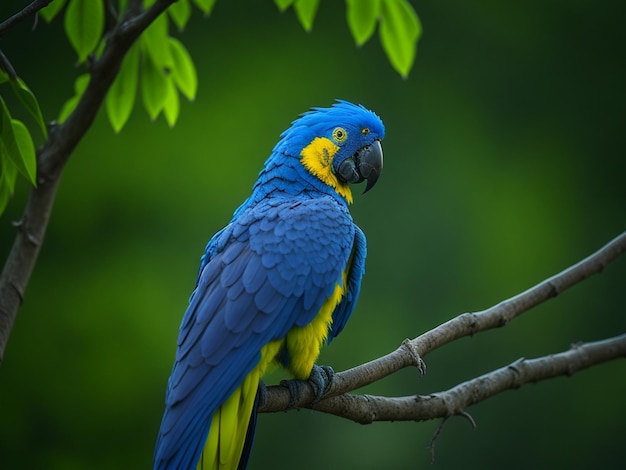 Realistic beautiful Hyacinth macaw bird on the brunch of tree Forest Background Ai generated