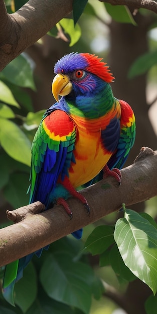 Realistic beautiful Rainbow lorikeet bird on the brunch of tree Forest Background Ai generated