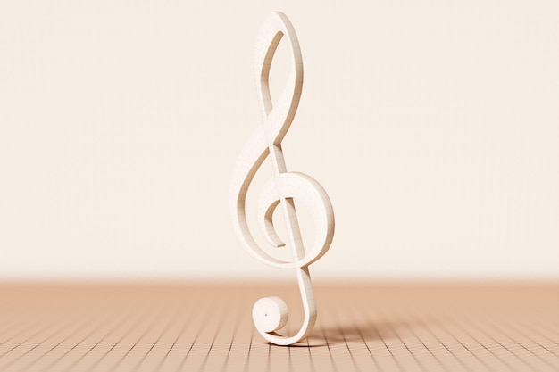 Realistic beige metal treble clef on a monochrome background 3d golden musical symbol decoration elements for design