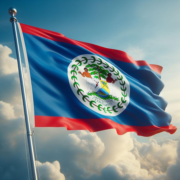 Realistic Belize Flag on flag pole waving in the wind against white clouds