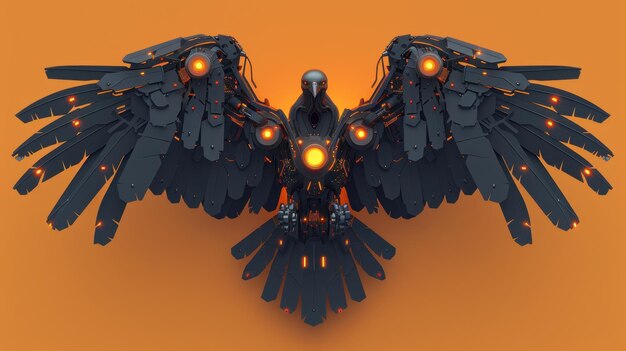 Photo realistic bird robot a vulture robot on an orange background