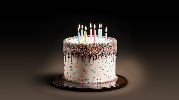 Realistic Birthday Cake Decorated With Colorful Sprinkles And Lots Of Lit Candles