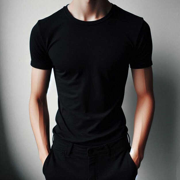 Realistic black tshirt mockup base with model