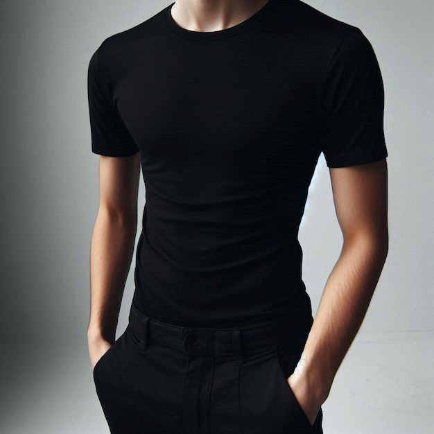 Realistic black tshirt mockup base with model