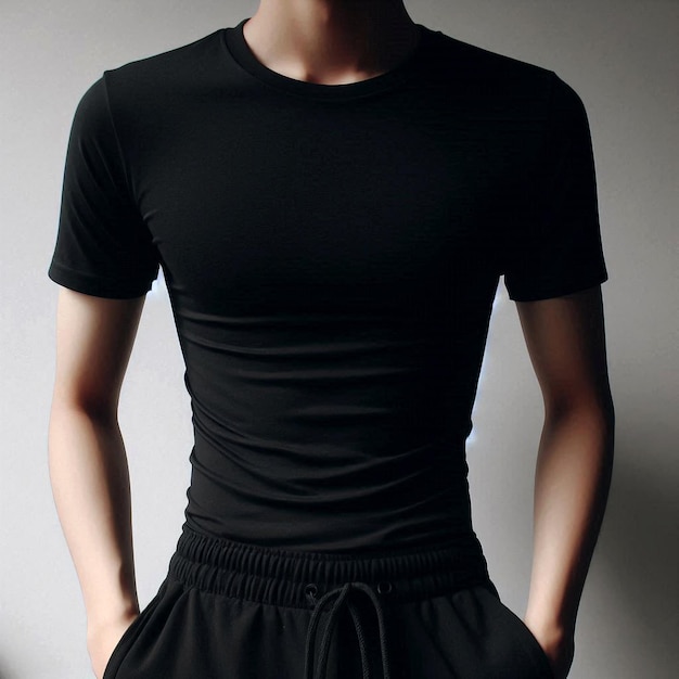 Realistic black tshirt mockup base with model