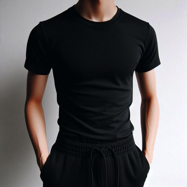 Realistic black tshirt mockup base with model