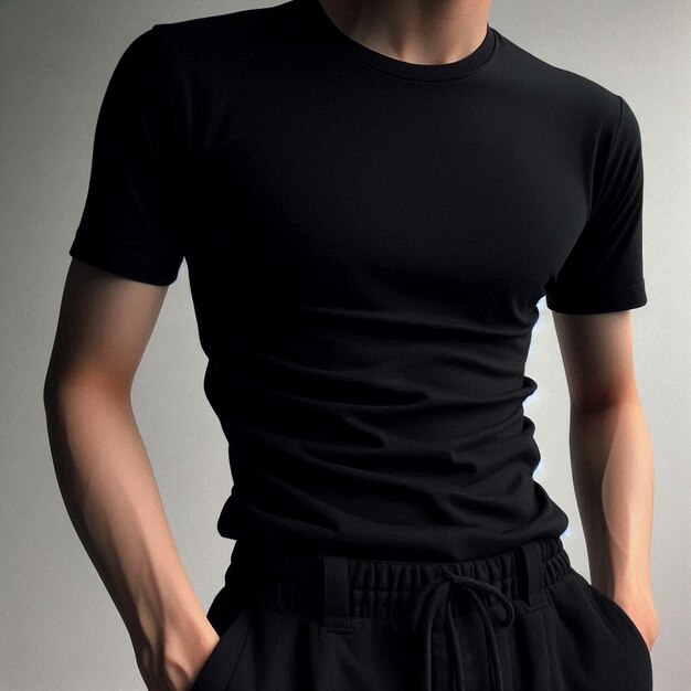 Realistic black tshirt mockup base with model