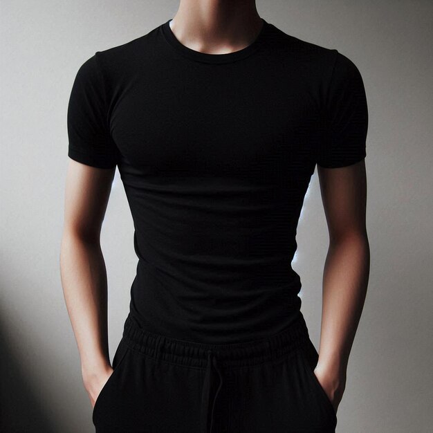 Realistic black tshirt mockup base with model