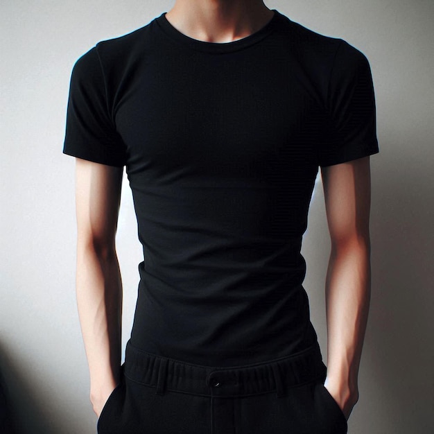 Realistic black tshirt mockup base with model