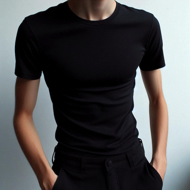 Realistic black tshirt mockup base with model