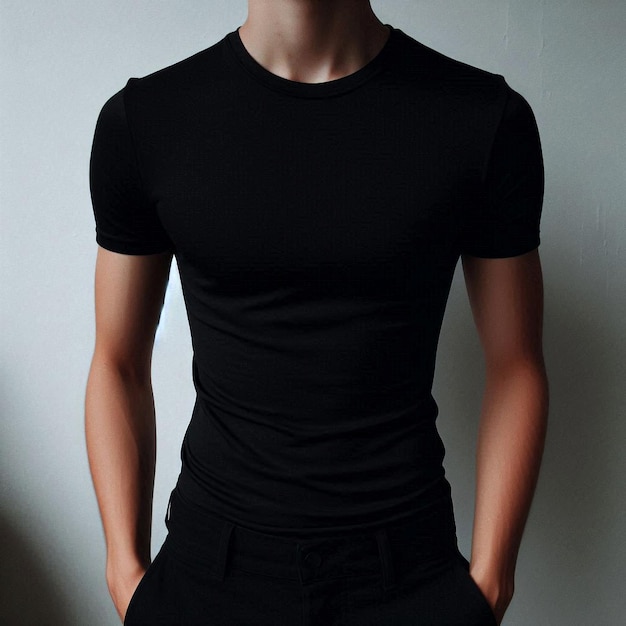 Realistic black tshirt mockup base with model