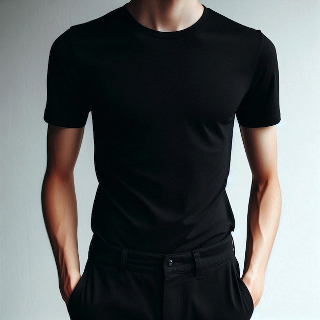 Realistic black tshirt mockup base with model