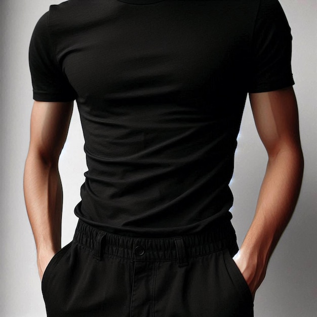 Realistic black tshirt mockup base with model