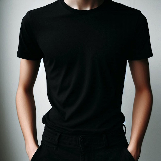 Realistic black tshirt mockup base with model