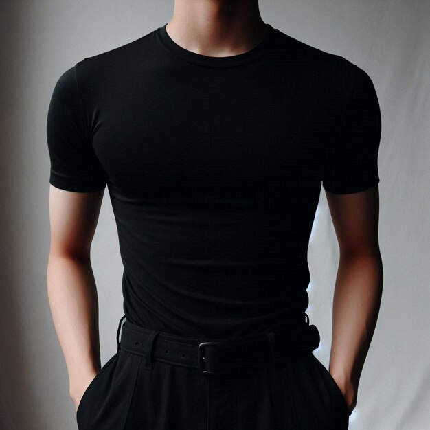 Realistic black tshirt mockup base with model