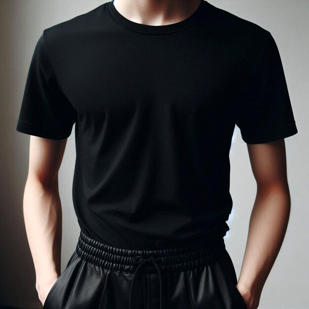 Realistic black tshirt mockup base with model