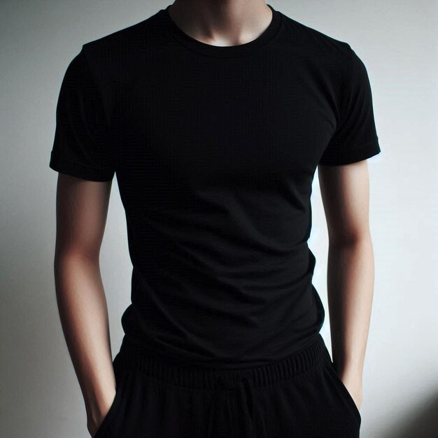 Realistic black tshirt mockup base with model