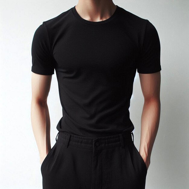 Realistic black tshirt mockup base with model