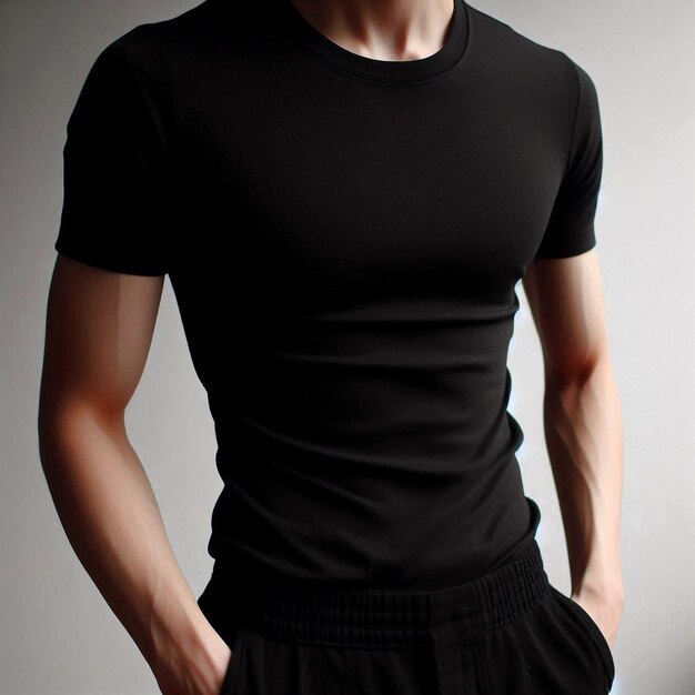 Realistic black tshirt mockup base with model