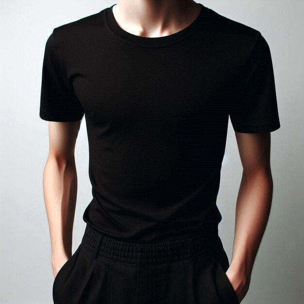 Realistic black tshirt mockup base with model