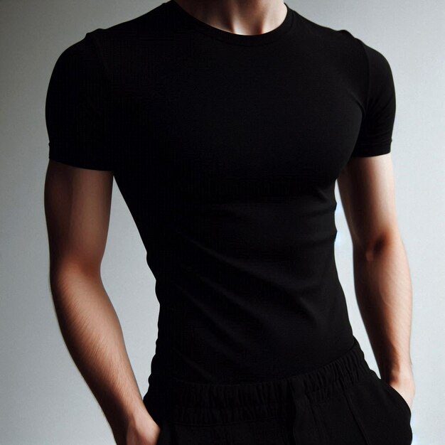 Realistic black tshirt mockup base with model