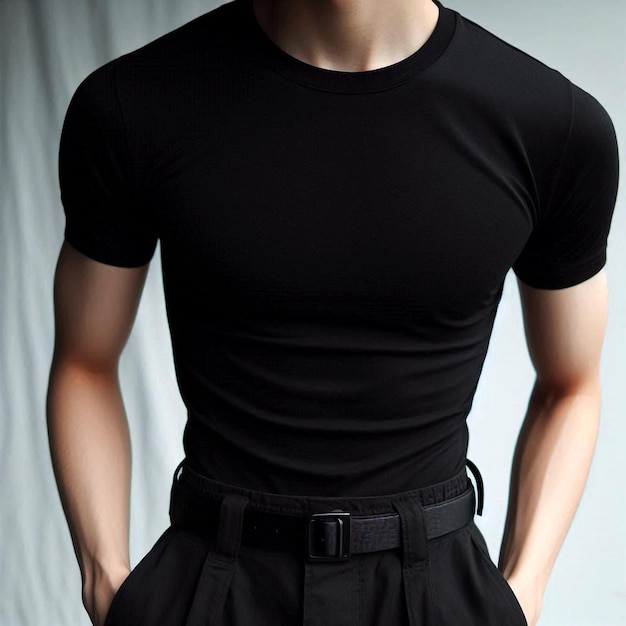 Realistic black tshirt mockup base with model