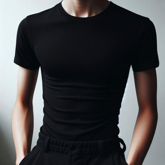 Realistic black tshirt mockup base with model