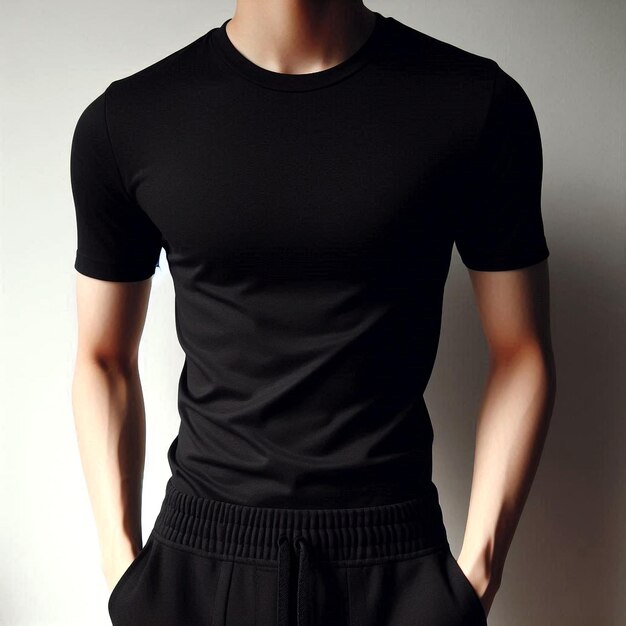 Realistic black tshirt mockup base with model