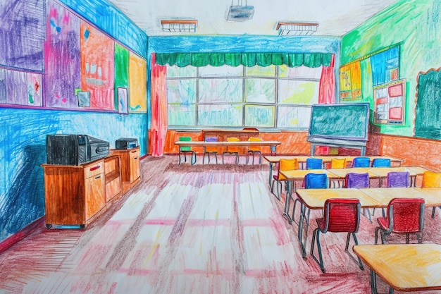 A realistic black and white drawing depicting a typical classroom setup with neatly arranged desks and chairs Colorful drawing of a silent empty kindergarten classroom AI Generated