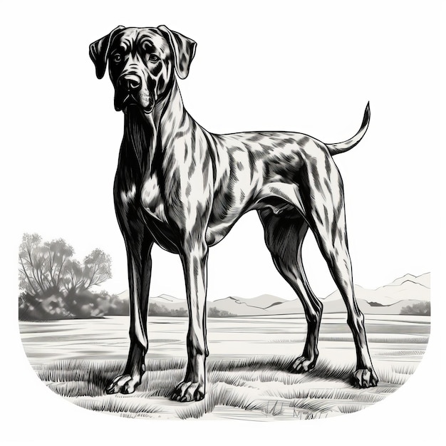 Photo realistic black and white great dane drawing with distinct stylistic range