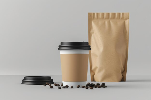 Photo realistic blank paper coffee cup mockup and blank lid pouch bag packaging mockup with coffee bean on grey background 3d rendering