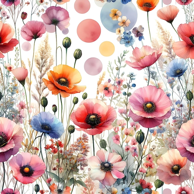 Realistic blooming colorful flowers seamless pattern