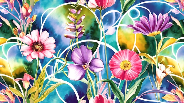 Realistic blooming colorful flowers seamless pattern