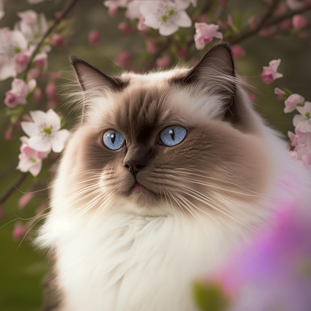 Realistic blue eye ragdoll cat on ravishing natural outdoor background