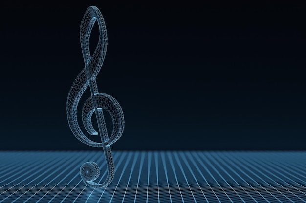 Realistic blue metal treble clef on a black background 3d golden musical symbol decoration elements for design