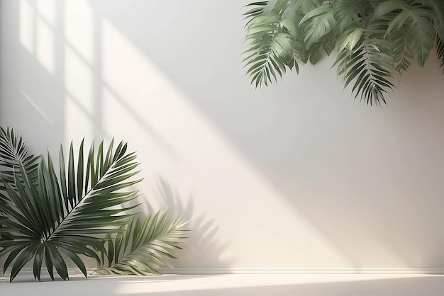 Realistic blurred natural light leaves palm and window shadow overlay on wall paper or frames texture abstract background summer spring autumn for product presentation podium and mockup seasonal