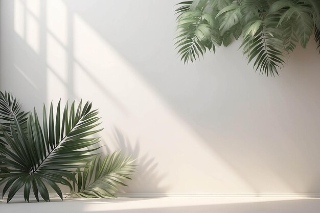 Realistic blurred natural light leaves palm and window shadow overlay on wall paper or frames texture abstract background summer spring autumn for product presentation podium and mockup seasonal