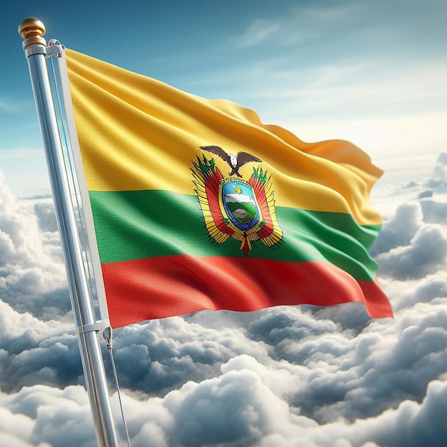 Realistic Bolivia Flag on flag pole waving in the wind against white clouds