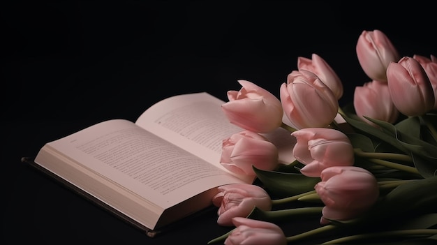 Realistic bouquet of pink tulips near the book