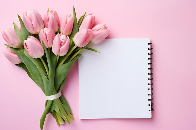 Realistic bouquet of pink tulips on the white notebook