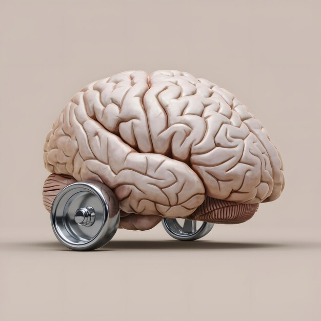 Photo realistic brain with silver wheels appearing like a vehicle